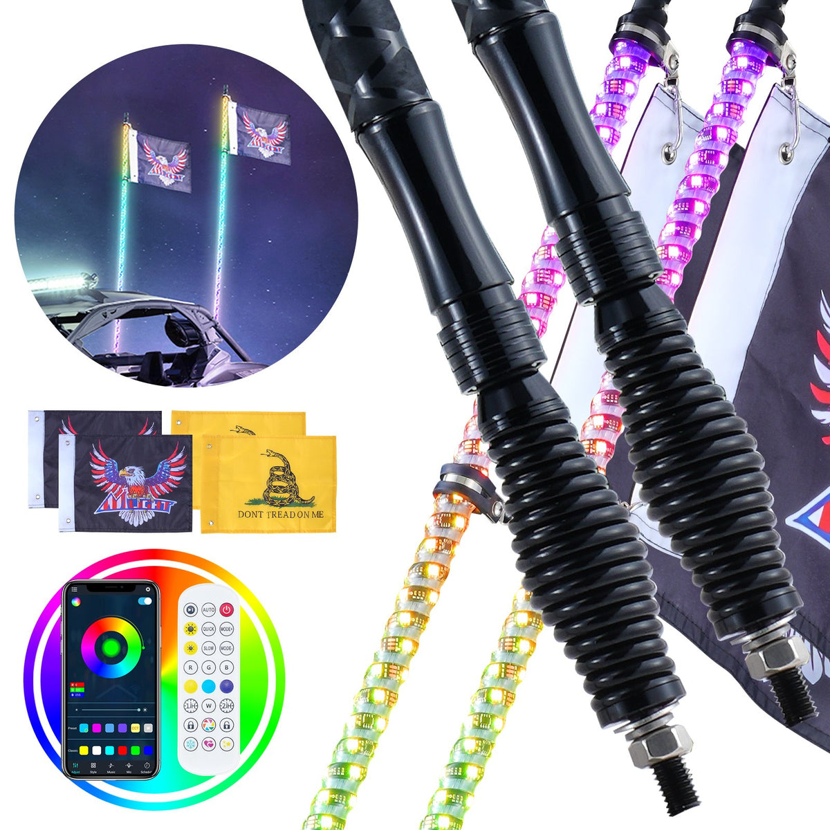VEVOR 2 PCS 4 FT Whip Light with Spring Base, Led Whip Light with APP & Remote Control, Waterproof 360° Spiral RGB Chasing Lighted Whips with 2 Flags, for UTVs, ATVs, Motorcycles, RZR, Can-am, Go-kart - CRKJPDHDZ4YCH3TVUV9 - view 1