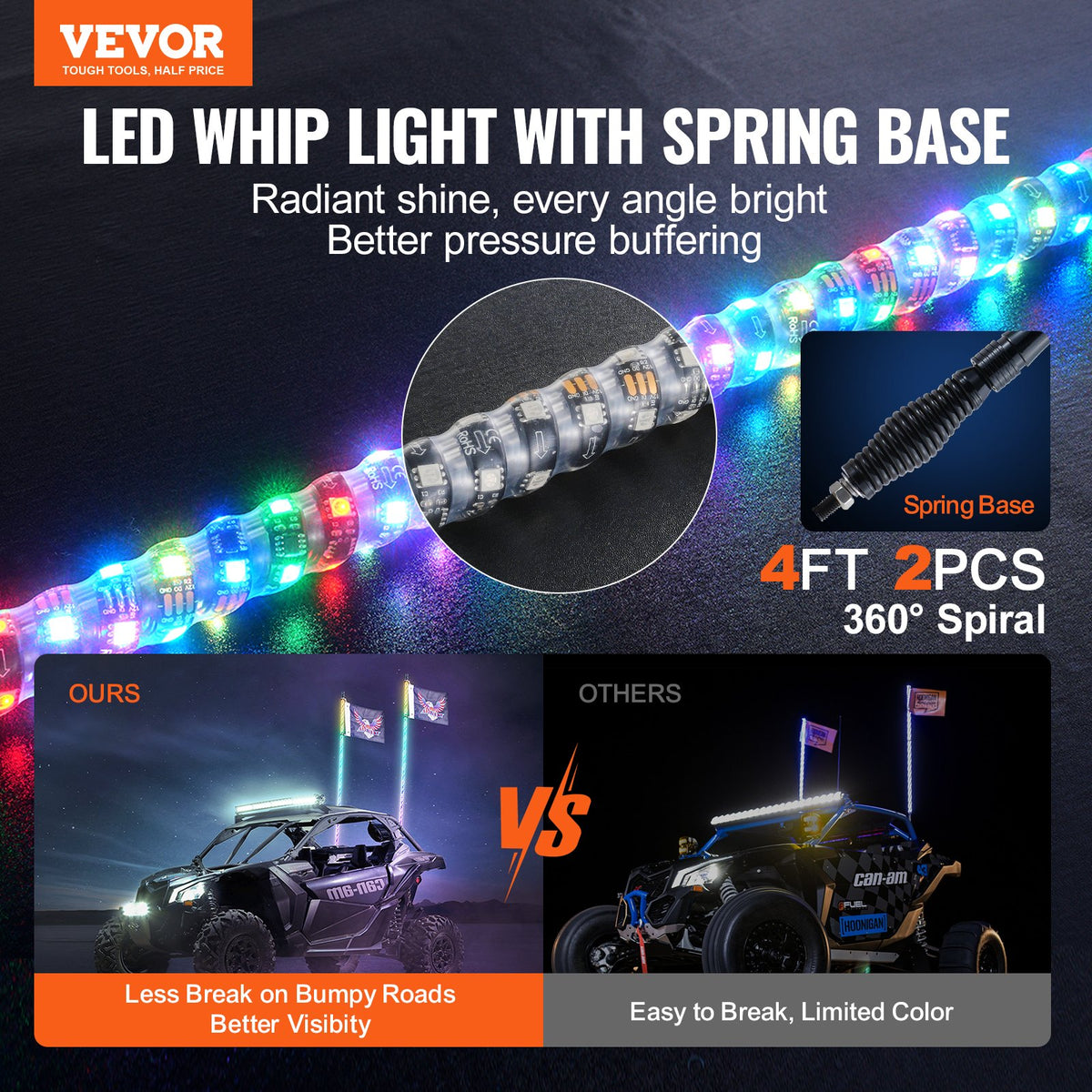 VEVOR 2 PCS 4 FT Whip Light with Spring Base, Led Whip Light with APP & Remote Control, Waterproof 360° Spiral RGB Chasing Lighted Whips with 2 Flags, for UTVs, ATVs, Motorcycles, RZR, Can-am, Go-kart - CRKJPDHDZ4YCH3TVUV9 - view 3