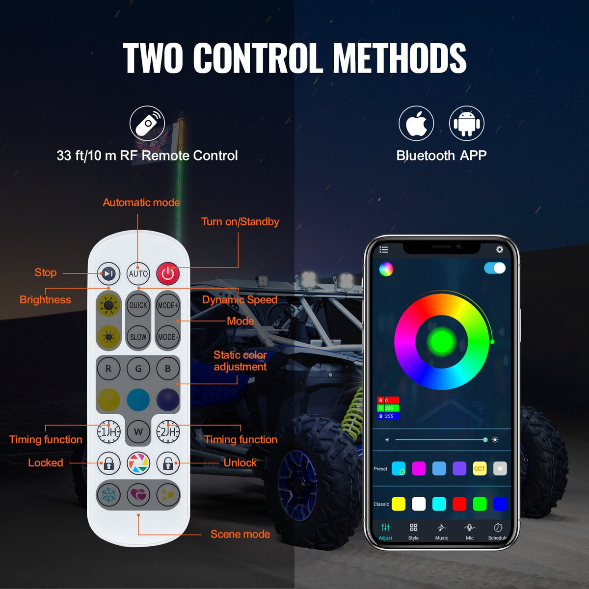 VEVOR 2 PCS 4 FT Whip Light with Spring Base, Led Whip Light with APP & Remote Control, Waterproof 360° Spiral RGB Chasing Lighted Whips with 2 Flags, for UTVs, ATVs, Motorcycles, RZR, Can-am, Go-kart - CRKJPDHDZ4YCH3TVUV9 - view 4