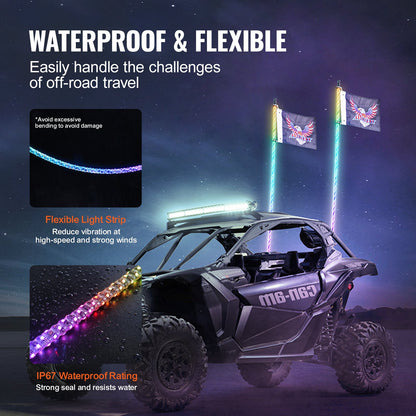 VEVOR 2 PCS 4 FT Whip Light with Spring Base, Led Whip Light with APP & Remote Control, Waterproof 360° Spiral RGB Chasing Lighted Whips with 2 Flags, for UTVs, ATVs, Motorcycles, RZR, Can-am, Go-kart - CRKJPDHDZ4YCH3TVUV9 - view 6