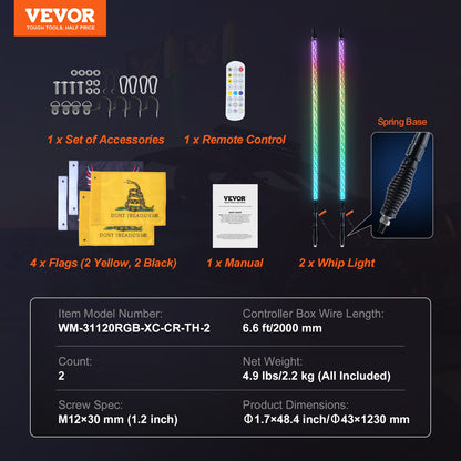 VEVOR 2 PCS 4 FT Whip Light with Spring Base, Led Whip Light with APP & Remote Control, Waterproof 360° Spiral RGB Chasing Lighted Whips with 2 Flags, for UTVs, ATVs, Motorcycles, RZR, Can-am, Go-kart - CRKJPDHDZ4YCH3TVUV9 - view 8