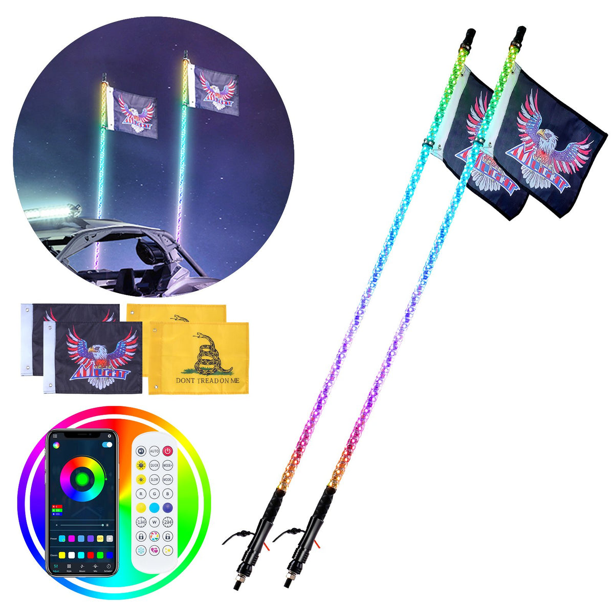 VEVOR 2 PCS 3 FT Whip Light, APP & RF Remote Control Led Whip Light, Waterproof 360° Spiral RGB Chasing Lighted Whips with 4 Flags, for UTVs, ATVs, Motorcycles, RZR, Can-am, Trucks, Off-road, Go-karts - CRKJPPTDZ3YCWOVTSV9 - view 1