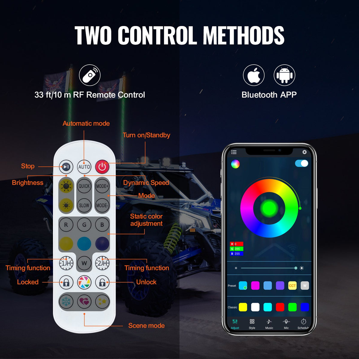 VEVOR 2 PCS 3 FT Whip Light, APP & RF Remote Control Led Whip Light, Waterproof 360° Spiral RGB Chasing Lighted Whips with 4 Flags, for UTVs, ATVs, Motorcycles, RZR, Can-am, Trucks, Off-road, Go-karts - CRKJPPTDZ3YCWOVTSV9 - view 4