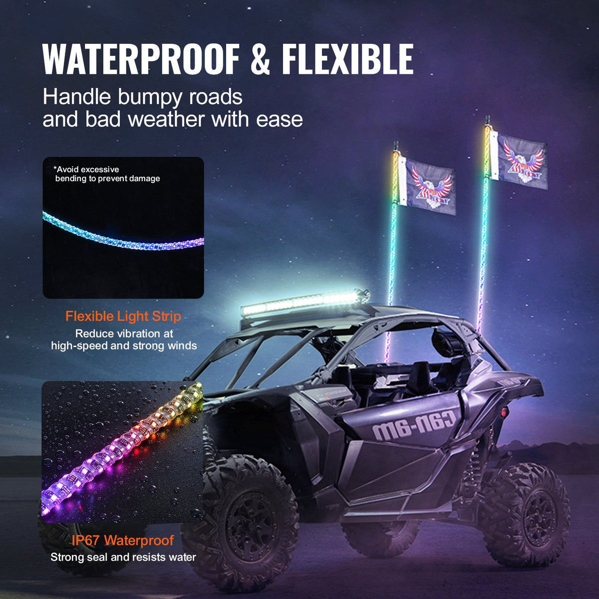 VEVOR 2 PCS 3 FT Whip Light, APP & RF Remote Control Led Whip Light, Waterproof 360° Spiral RGB Chasing Lighted Whips with 4 Flags, for UTVs, ATVs, Motorcycles, RZR, Can-am, Trucks, Off-road, Go-karts - CRKJPPTDZ3YCWOVTSV9 - view 6