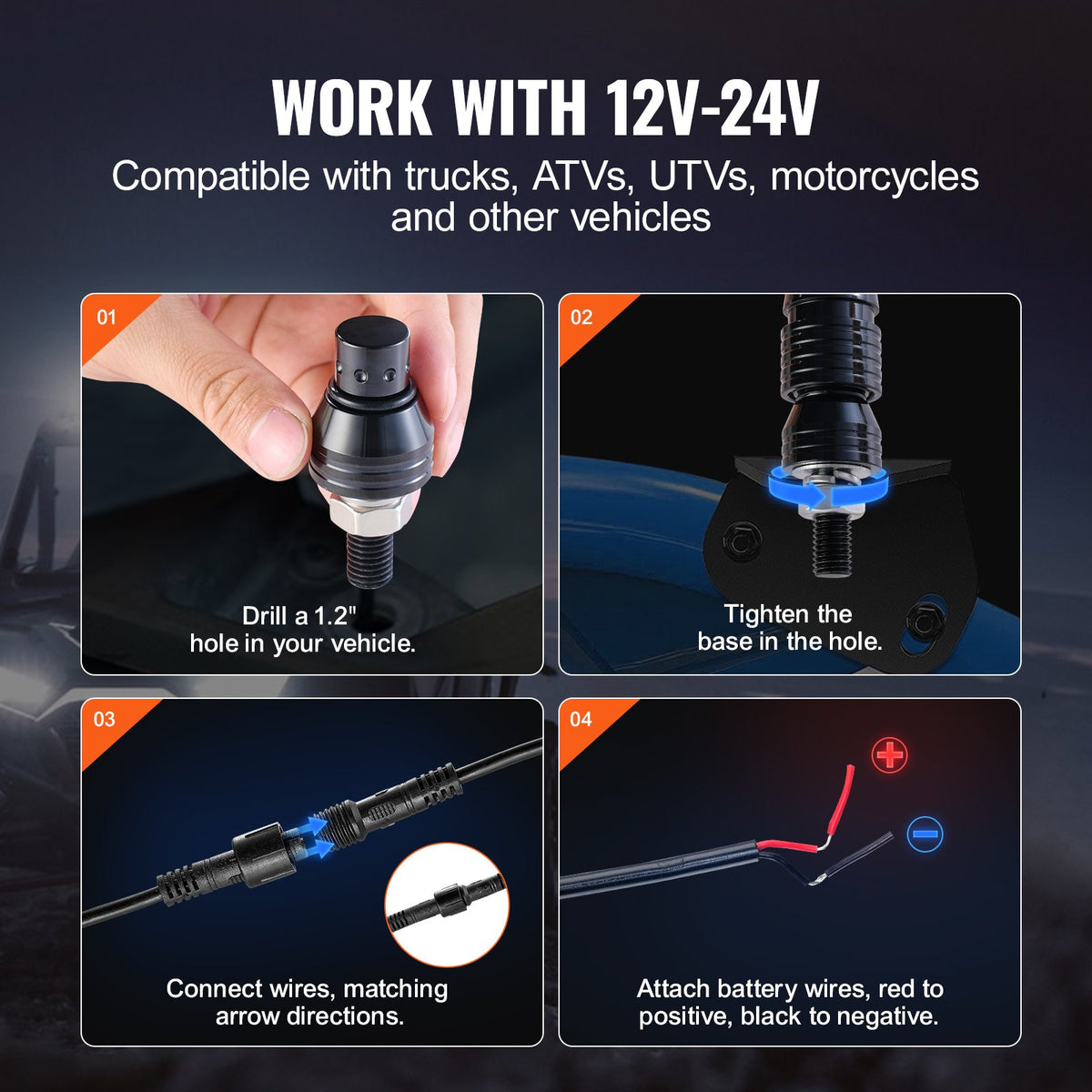 VEVOR 2 PCS 3 FT Whip Light, APP & RF Remote Control Led Whip Light, Waterproof 360° Spiral RGB Chasing Lighted Whips with 4 Flags, for UTVs, ATVs, Motorcycles, RZR, Can-am, Trucks, Off-road, Go-karts - CRKJPPTDZ3YCWOVTSV9 - view 7