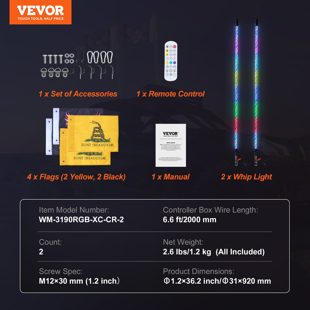 VEVOR 2 PCS 3 FT Whip Light, APP & RF Remote Control Led Whip Light, Waterproof 360° Spiral RGB Chasing Lighted Whips with 4 Flags, for UTVs, ATVs, Motorcycles, RZR, Can-am, Trucks, Off-road, Go-karts - CRKJPPTDZ3YCWOVTSV9 - view 8