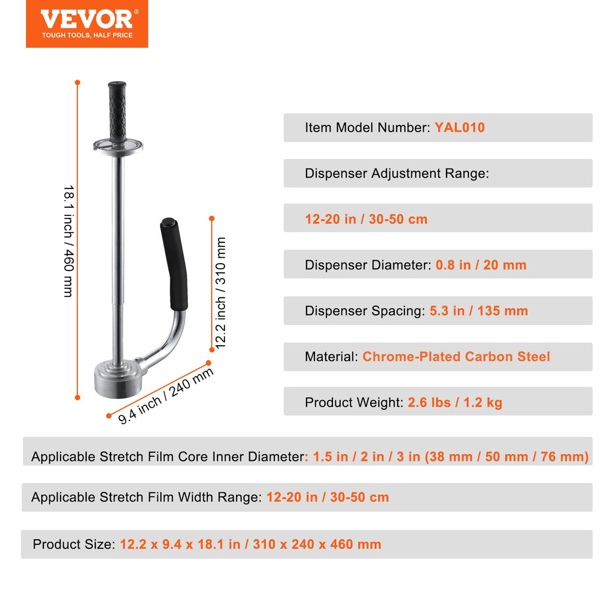 VEVOR Stretch Film Dispenser, Holds 12"-20" Rolls, Industrial Strength Shrink Wrap Dispenser Holder with Extended Handle, Stretch Film Packing Machine for Pallet Wrapping Shipping Moving (1 Pack) - CRMFPQ1220YCXAWMAV0 - view 8