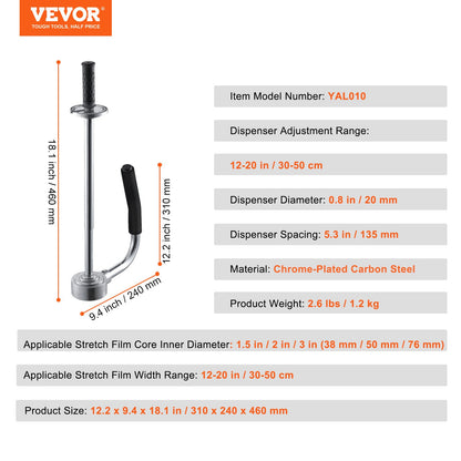 VEVOR Stretch Film Dispenser, Holds 12"-20" Rolls, Industrial Strength Shrink Wrap Dispenser Holder with Extended Handle, Stretch Film Packing Machine for Pallet Wrapping Shipping Moving (1 Pack) - CRMFPQ1220YCXAWMAV0 - view 8