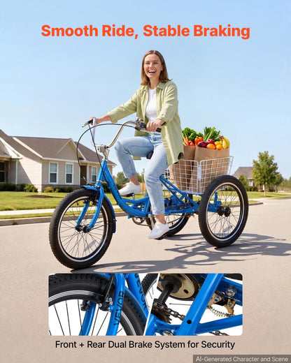 VEVOR Adult Tricycle 20 inch Trike for Adult 3 Wheel Cruiser Bike, with Cargo Basket, Adjustable Seat, and Double-Wall Wheel Rims, Carbon Steel Shopping Picnic Tricycles for Women, Men, Seniors - CRSLCZXC20C1E7NA9001V0 - view 3