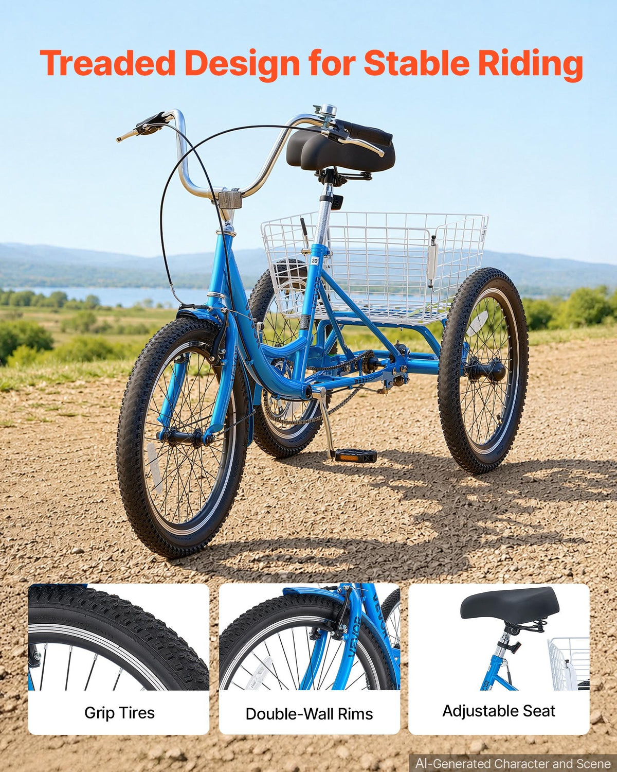 VEVOR Adult Tricycle 20 inch Trike for Adult 3 Wheel Cruiser Bike, with Cargo Basket, Adjustable Seat, and Double-Wall Wheel Rims, Carbon Steel Shopping Picnic Tricycles for Women, Men, Seniors - CRSLCZXC20C1E7NA9001V0 - view 4