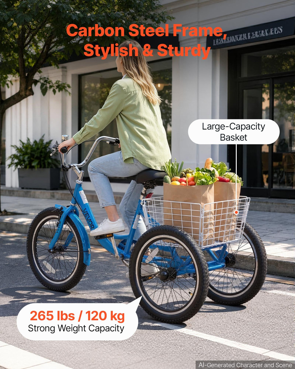 VEVOR Adult Tricycle 20 inch Trike for Adult 3 Wheel Cruiser Bike, with Cargo Basket, Adjustable Seat, and Double-Wall Wheel Rims, Carbon Steel Shopping Picnic Tricycles for Women, Men, Seniors - CRSLCZXC20C1E7NA9001V0 - view 5