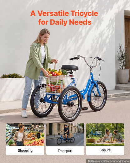VEVOR Adult Tricycle 20 inch Trike for Adult 3 Wheel Cruiser Bike, with Cargo Basket, Adjustable Seat, and Double-Wall Wheel Rims, Carbon Steel Shopping Picnic Tricycles for Women, Men, Seniors - CRSLCZXC20C1E7NA9001V0 - view 6
