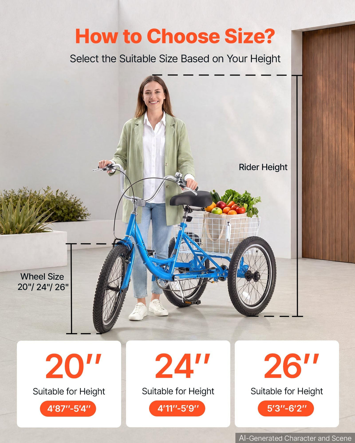 VEVOR Adult Tricycle 20 inch Trike for Adult 3 Wheel Cruiser Bike, with Cargo Basket, Adjustable Seat, and Double-Wall Wheel Rims, Carbon Steel Shopping Picnic Tricycles for Women, Men, Seniors - CRSLCZXC20C1E7NA9001V0 - view 7