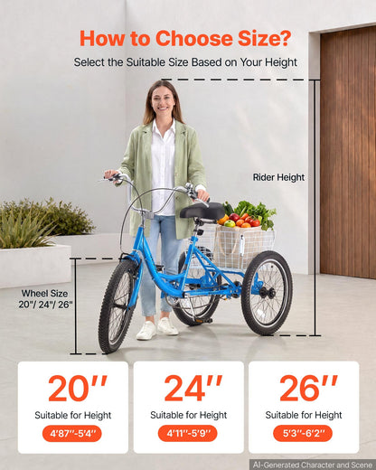VEVOR Adult Tricycle 20 inch Trike for Adult 3 Wheel Cruiser Bike, with Cargo Basket, Adjustable Seat, and Double-Wall Wheel Rims, Carbon Steel Shopping Picnic Tricycles for Women, Men, Seniors - CRSLCZXC20C1E7NA9001V0 - view 7