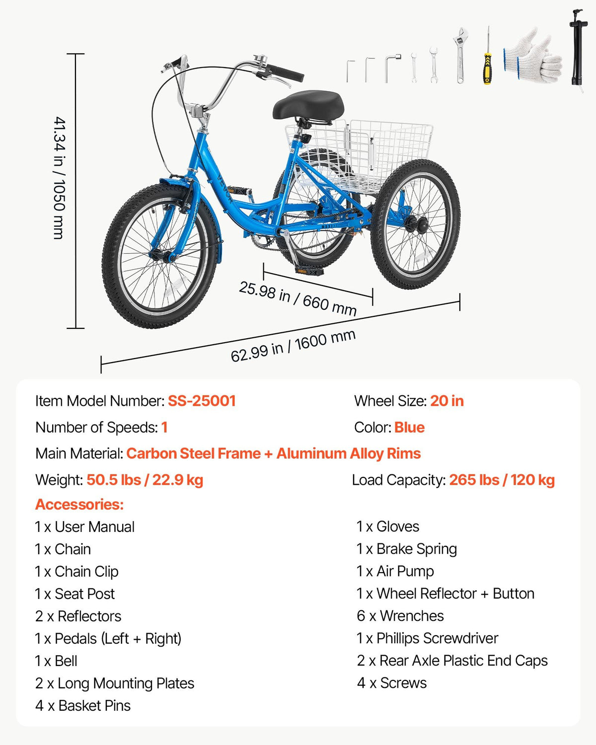 VEVOR Adult Tricycle 20 inch Trike for Adult 3 Wheel Cruiser Bike, with Cargo Basket, Adjustable Seat, and Double-Wall Wheel Rims, Carbon Steel Shopping Picnic Tricycles for Women, Men, Seniors - CRSLCZXC20C1E7NA9001V0 - view 8
