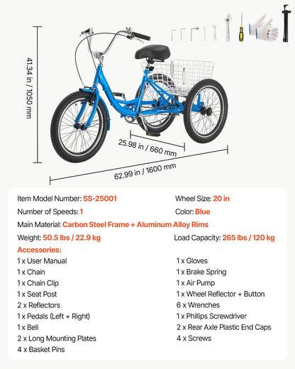 VEVOR Adult Tricycle 20 inch Trike for Adult 3 Wheel Cruiser Bike, with Cargo Basket, Adjustable Seat, and Double-Wall Wheel Rims, Carbon Steel Shopping Picnic Tricycles for Women, Men, Seniors - CRSLCZXC20C1E7NA9001V0 - view 8