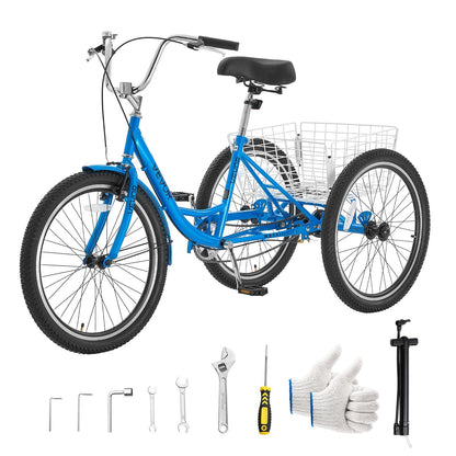 VEVOR Adult Tricycle 24 inch Trike for Adult 3 Wheel Cruiser Bike, with Cargo Basket, Adjustable Seat, and Double-Wall Wheel Rims, Carbon Steel Shopping Picnic Tricycles for Women, Men, Seniors - CRSLCZXC24C1SMD7U001V0 - view 1