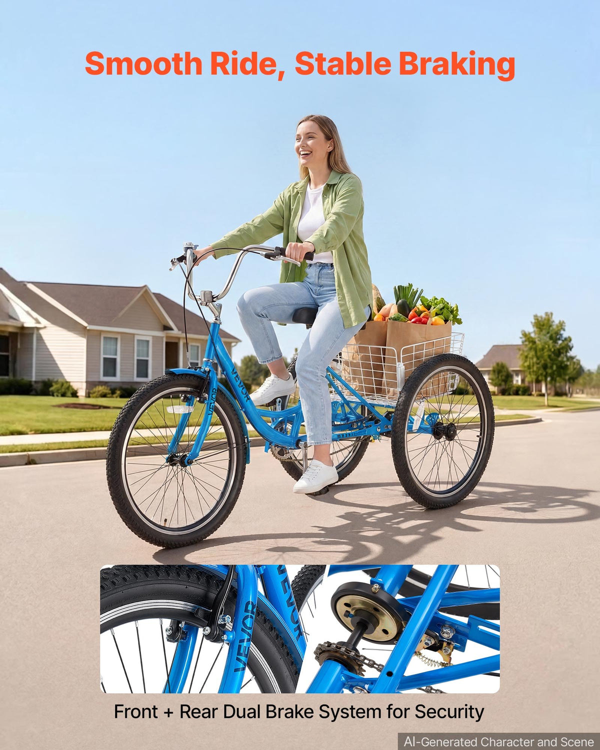 VEVOR Adult Tricycle 24 inch Trike for Adult 3 Wheel Cruiser Bike, with Cargo Basket, Adjustable Seat, and Double-Wall Wheel Rims, Carbon Steel Shopping Picnic Tricycles for Women, Men, Seniors - CRSLCZXC24C1SMD7U001V0 - view 3