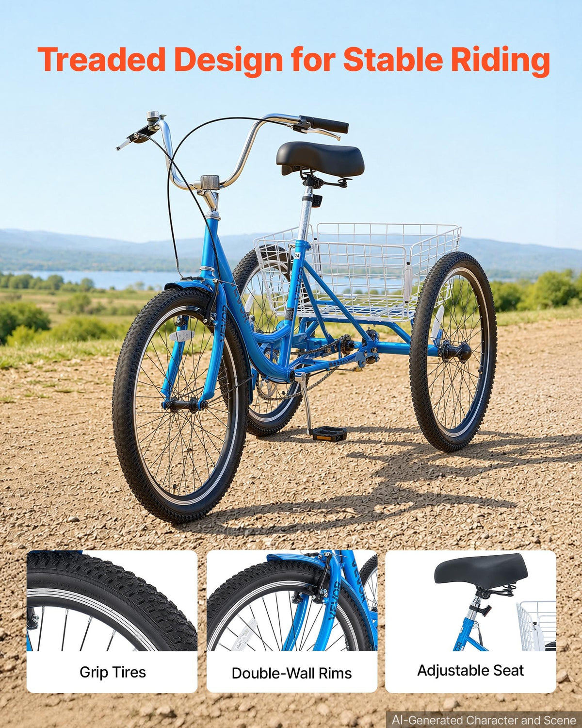 VEVOR Adult Tricycle 24 inch Trike for Adult 3 Wheel Cruiser Bike, with Cargo Basket, Adjustable Seat, and Double-Wall Wheel Rims, Carbon Steel Shopping Picnic Tricycles for Women, Men, Seniors - CRSLCZXC24C1SMD7U001V0 - view 4
