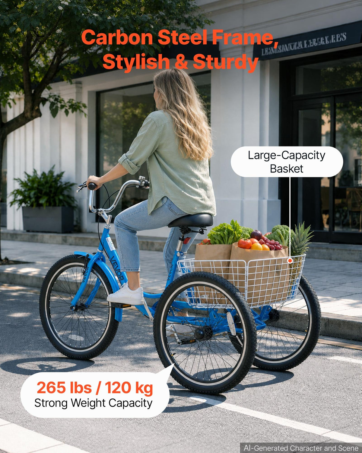 VEVOR Adult Tricycle 24 inch Trike for Adult 3 Wheel Cruiser Bike, with Cargo Basket, Adjustable Seat, and Double-Wall Wheel Rims, Carbon Steel Shopping Picnic Tricycles for Women, Men, Seniors - CRSLCZXC24C1SMD7U001V0 - view 5