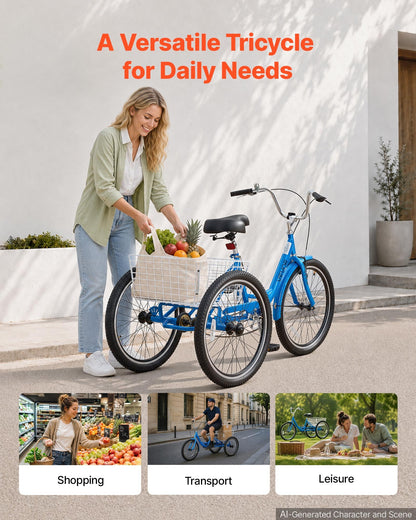 VEVOR Adult Tricycle 24 inch Trike for Adult 3 Wheel Cruiser Bike, with Cargo Basket, Adjustable Seat, and Double-Wall Wheel Rims, Carbon Steel Shopping Picnic Tricycles for Women, Men, Seniors - CRSLCZXC24C1SMD7U001V0 - view 6