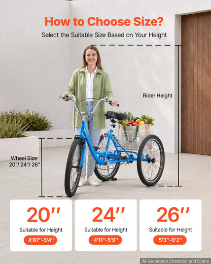 VEVOR Adult Tricycle 24 inch Trike for Adult 3 Wheel Cruiser Bike, with Cargo Basket, Adjustable Seat, and Double-Wall Wheel Rims, Carbon Steel Shopping Picnic Tricycles for Women, Men, Seniors - CRSLCZXC24C1SMD7U001V0 - view 7