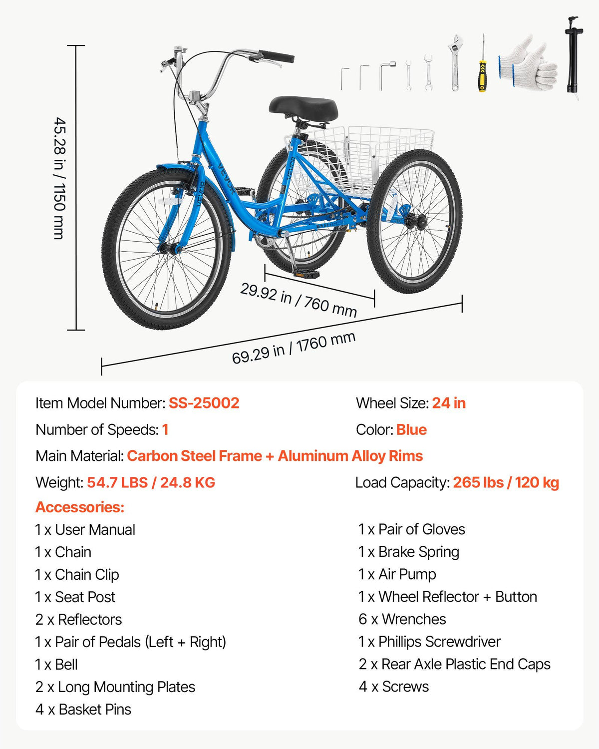 VEVOR Adult Tricycle 24 inch Trike for Adult 3 Wheel Cruiser Bike, with Cargo Basket, Adjustable Seat, and Double-Wall Wheel Rims, Carbon Steel Shopping Picnic Tricycles for Women, Men, Seniors - CRSLCZXC24C1SMD7U001V0 - view 8