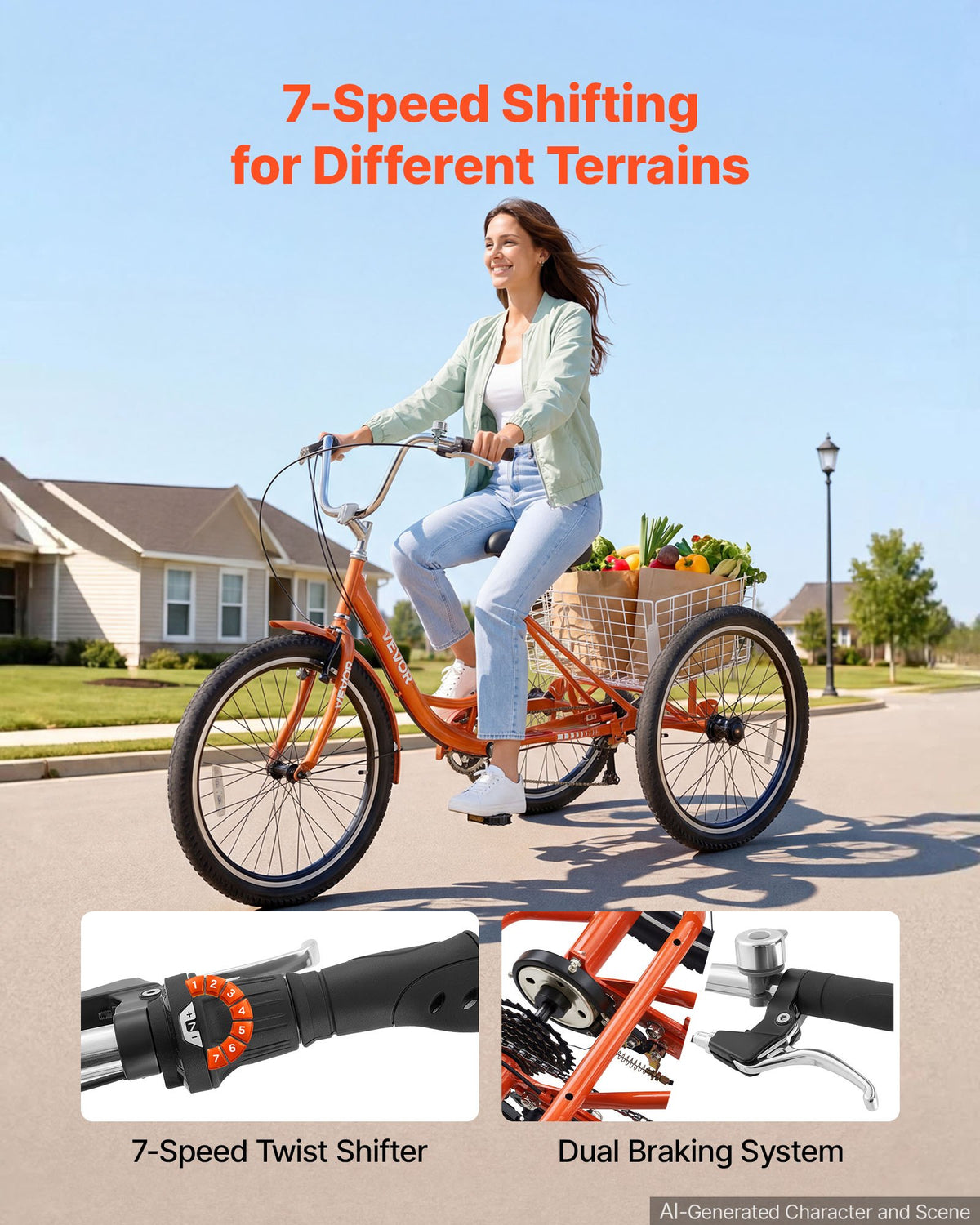 VEVOR Adult Tricycle 24 inch 7 Speed Trikes for Adult 3 Wheel Cruiser Bike, w/ Cargo Basket, Adjustable Seat, and Double-Wall Wheel Rims, Carbon Steel Shopping Tricycles for Women, Men, Senior (Red) - CRSLCZXC24C7EYLA9001V0 - view 3
