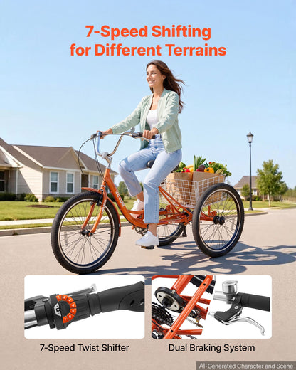 VEVOR Adult Tricycle 24 inch 7 Speed Trikes for Adult 3 Wheel Cruiser Bike, w/ Cargo Basket, Adjustable Seat, and Double-Wall Wheel Rims, Carbon Steel Shopping Tricycles for Women, Men, Senior (Red) - CRSLCZXC24C7EYLA9001V0 - view 3