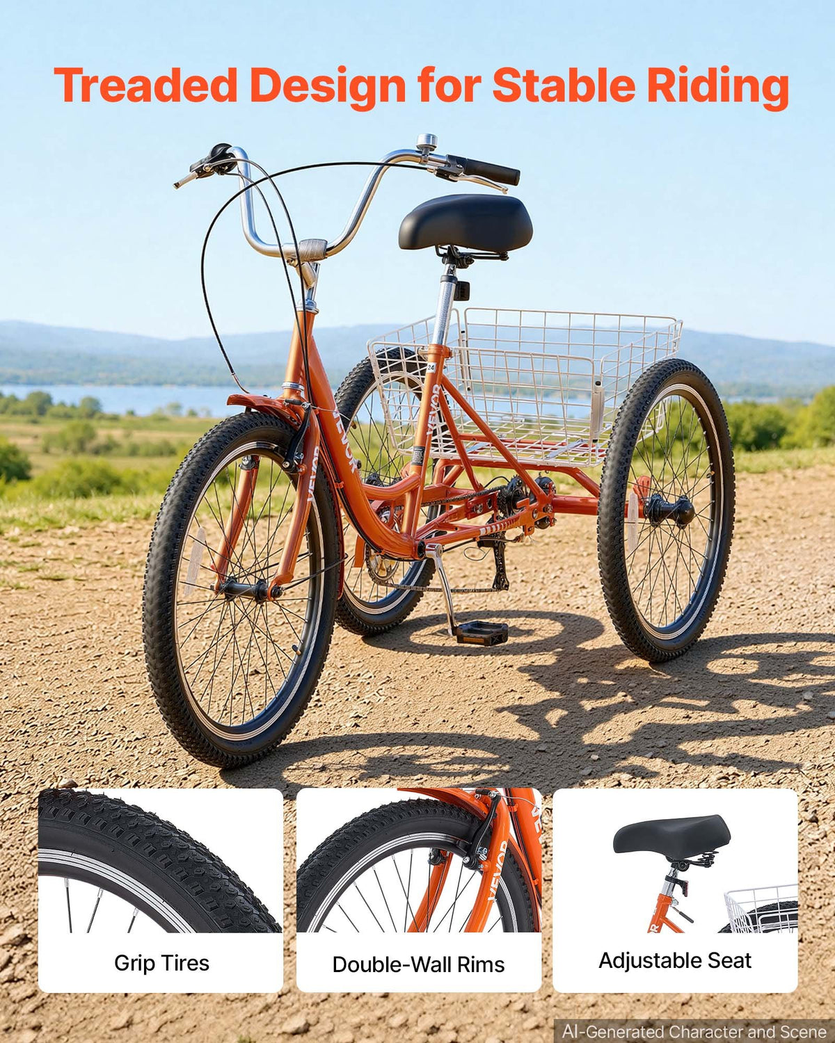 VEVOR Adult Tricycle 24 inch 7 Speed Trikes for Adult 3 Wheel Cruiser Bike, w/ Cargo Basket, Adjustable Seat, and Double-Wall Wheel Rims, Carbon Steel Shopping Tricycles for Women, Men, Senior (Red) - CRSLCZXC24C7EYLA9001V0 - view 4