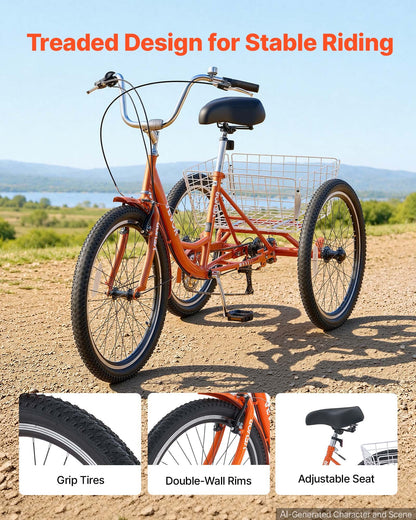 VEVOR Adult Tricycle 24 inch 7 Speed Trikes for Adult 3 Wheel Cruiser Bike, w/ Cargo Basket, Adjustable Seat, and Double-Wall Wheel Rims, Carbon Steel Shopping Tricycles for Women, Men, Senior (Red) - CRSLCZXC24C7EYLA9001V0 - view 4