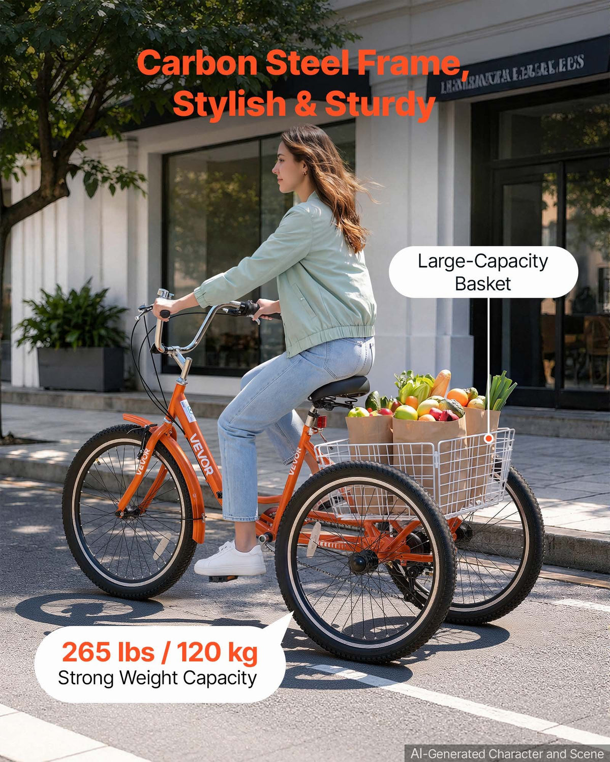VEVOR Adult Tricycle 24 inch 7 Speed Trikes for Adult 3 Wheel Cruiser Bike, w/ Cargo Basket, Adjustable Seat, and Double-Wall Wheel Rims, Carbon Steel Shopping Tricycles for Women, Men, Senior (Red) - CRSLCZXC24C7EYLA9001V0 - view 5