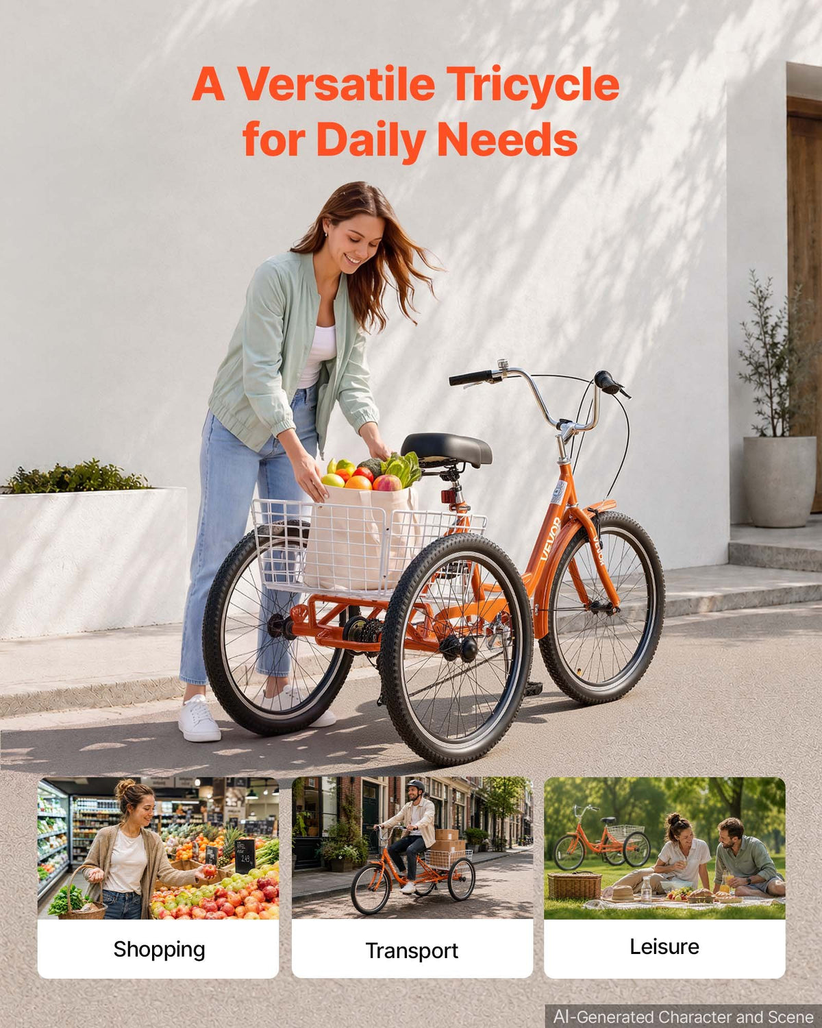 VEVOR Adult Tricycle 24 inch 7 Speed Trikes for Adult 3 Wheel Cruiser Bike, w/ Cargo Basket, Adjustable Seat, and Double-Wall Wheel Rims, Carbon Steel Shopping Tricycles for Women, Men, Senior (Red) - CRSLCZXC24C7EYLA9001V0 - view 6