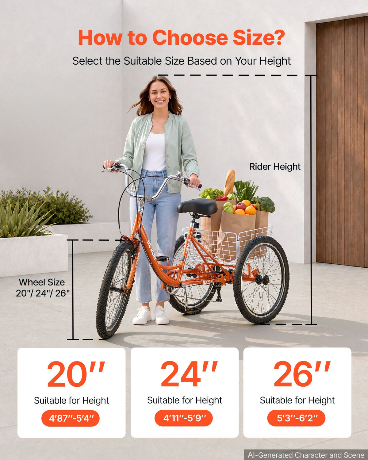 VEVOR Adult Tricycle 24 inch 7 Speed Trikes for Adult 3 Wheel Cruiser Bike, w/ Cargo Basket, Adjustable Seat, and Double-Wall Wheel Rims, Carbon Steel Shopping Tricycles for Women, Men, Senior (Red) - CRSLCZXC24C7EYLA9001V0 - view 7