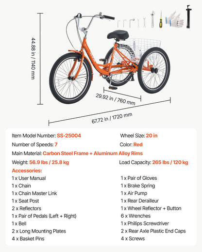 VEVOR Adult Tricycle 24 inch 7 Speed Trikes for Adult 3 Wheel Cruiser Bike, w/ Cargo Basket, Adjustable Seat, and Double-Wall Wheel Rims, Carbon Steel Shopping Tricycles for Women, Men, Senior (Red) - CRSLCZXC24C7EYLA9001V0 - view 8