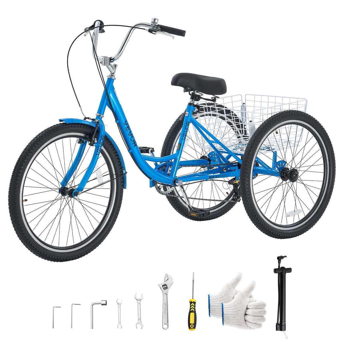 VEVOR Adult Tricycle 24 inch 7 Speed Trikes for Adult 3 Wheel Cruiser Bike, w/ Cargo Basket, Adjustable Seat, and Double-Wall Wheel Rims, Carbon Steel Shopping Tricycles for Women, Men, Senior (Blue) - CRSLCZXC24C7TP1KB001V0 - view 1