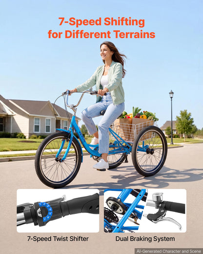 VEVOR Adult Tricycle 24 inch 7 Speed Trikes for Adult 3 Wheel Cruiser Bike, w/ Cargo Basket, Adjustable Seat, and Double-Wall Wheel Rims, Carbon Steel Shopping Tricycles for Women, Men, Senior (Blue) - CRSLCZXC24C7TP1KB001V0 - view 3