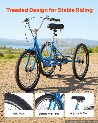 VEVOR Adult Tricycle 24 inch 7 Speed Trikes for Adult 3 Wheel Cruiser Bike, w/ Cargo Basket, Adjustable Seat, and Double-Wall Wheel Rims, Carbon Steel Shopping Tricycles for Women, Men, Senior (Blue) - CRSLCZXC24C7TP1KB001V0 - view 4