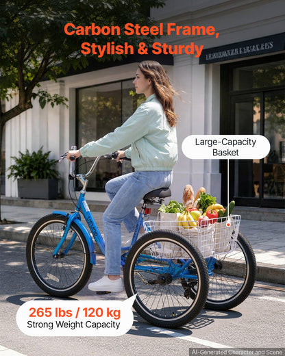 VEVOR Adult Tricycle 24 inch 7 Speed Trikes for Adult 3 Wheel Cruiser Bike, w/ Cargo Basket, Adjustable Seat, and Double-Wall Wheel Rims, Carbon Steel Shopping Tricycles for Women, Men, Senior (Blue) - CRSLCZXC24C7TP1KB001V0 - view 5