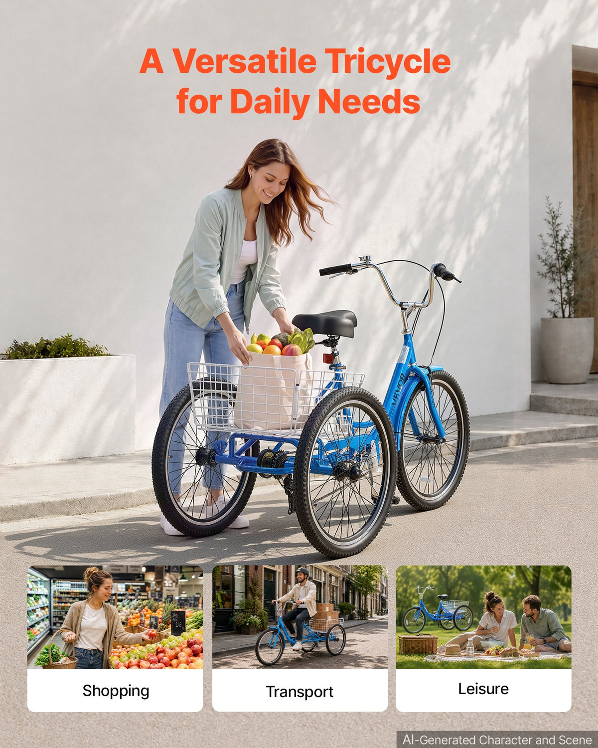 VEVOR Adult Tricycle 24 inch 7 Speed Trikes for Adult 3 Wheel Cruiser Bike, w/ Cargo Basket, Adjustable Seat, and Double-Wall Wheel Rims, Carbon Steel Shopping Tricycles for Women, Men, Senior (Blue) - CRSLCZXC24C7TP1KB001V0 - view 6