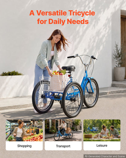 VEVOR Adult Tricycle 24 inch 7 Speed Trikes for Adult 3 Wheel Cruiser Bike, w/ Cargo Basket, Adjustable Seat, and Double-Wall Wheel Rims, Carbon Steel Shopping Tricycles for Women, Men, Senior (Blue) - CRSLCZXC24C7TP1KB001V0 - view 6