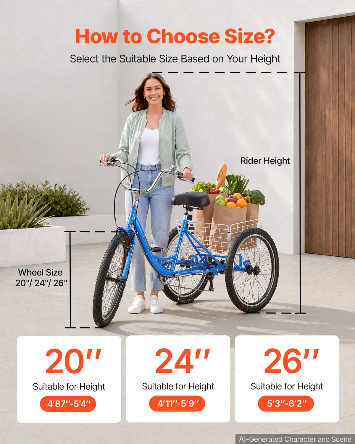 VEVOR Adult Tricycle 24 inch 7 Speed Trikes for Adult 3 Wheel Cruiser Bike, w/ Cargo Basket, Adjustable Seat, and Double-Wall Wheel Rims, Carbon Steel Shopping Tricycles for Women, Men, Senior (Blue) - CRSLCZXC24C7TP1KB001V0 - view 7