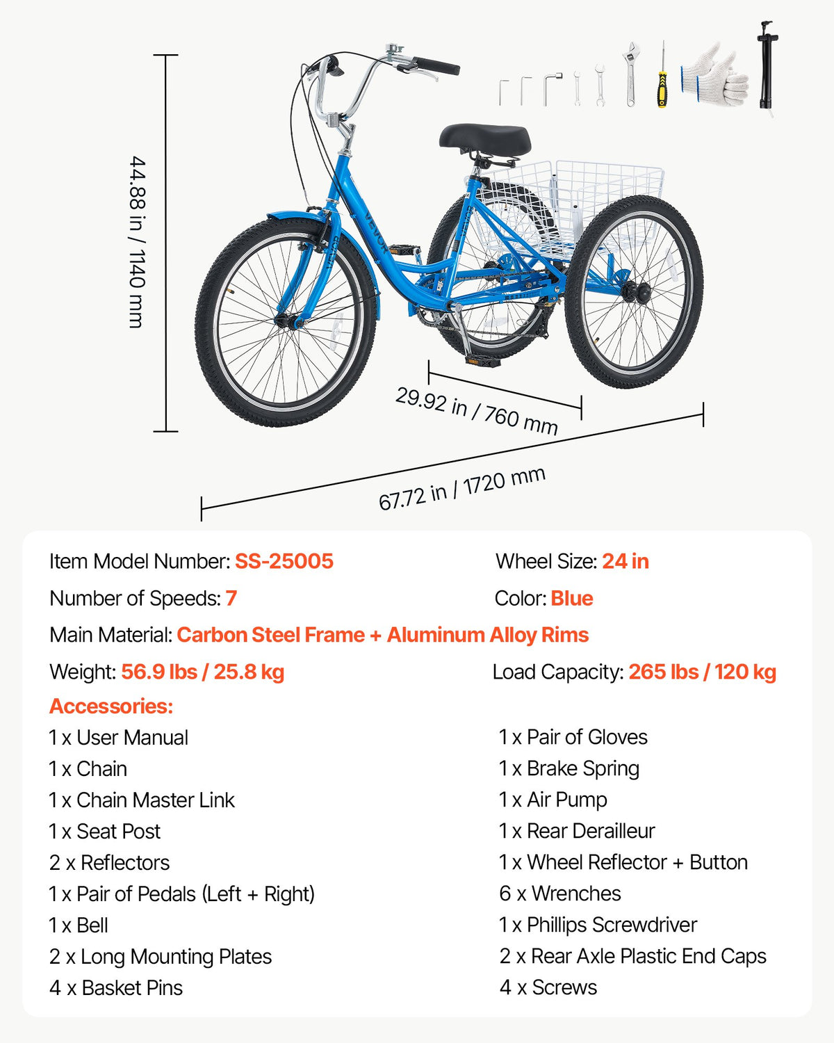 VEVOR Adult Tricycle 24 inch 7 Speed Trikes for Adult 3 Wheel Cruiser Bike, w/ Cargo Basket, Adjustable Seat, and Double-Wall Wheel Rims, Carbon Steel Shopping Tricycles for Women, Men, Senior (Blue) - CRSLCZXC24C7TP1KB001V0 - view 8