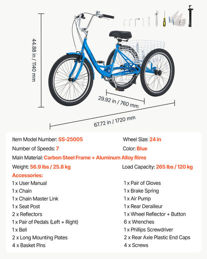 VEVOR Adult Tricycle 24 inch 7 Speed Trikes for Adult 3 Wheel Cruiser Bike, w/ Cargo Basket, Adjustable Seat, and Double-Wall Wheel Rims, Carbon Steel Shopping Tricycles for Women, Men, Senior (Blue) - CRSLCZXC24C7TP1KB001V0 - view 8