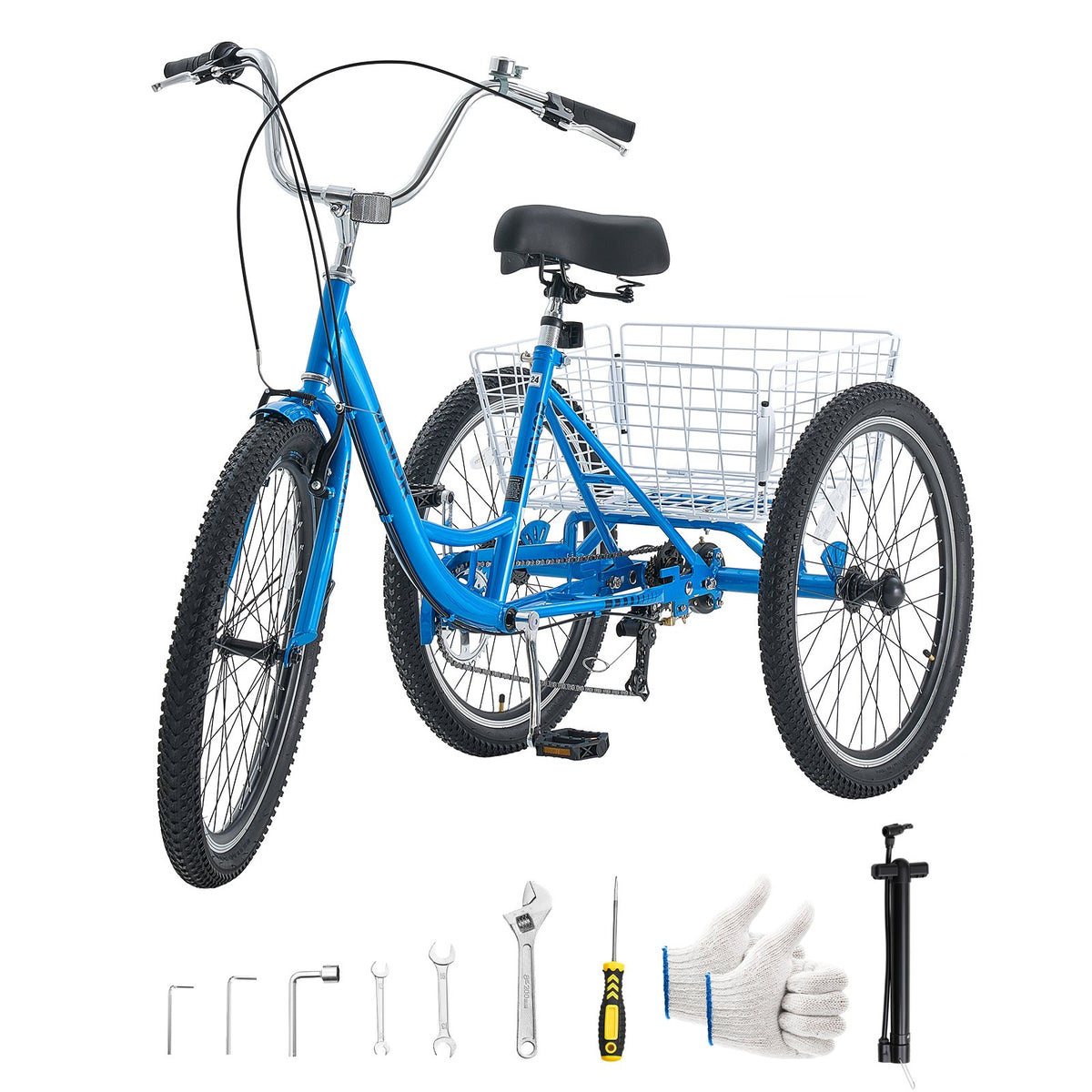 VEVOR Adult Tricycle 24 inch 7 Speed Trikes for Adult 3 Wheel Cruiser Bike, w/ Cargo Basket, Adjustable Seat, and Double-Wall Wheel Rims, Carbon Steel Shopping Tricycles for Women, Men, Senior (Blue) - CRSLCZXC24C7TP1KB001V0 - view 10