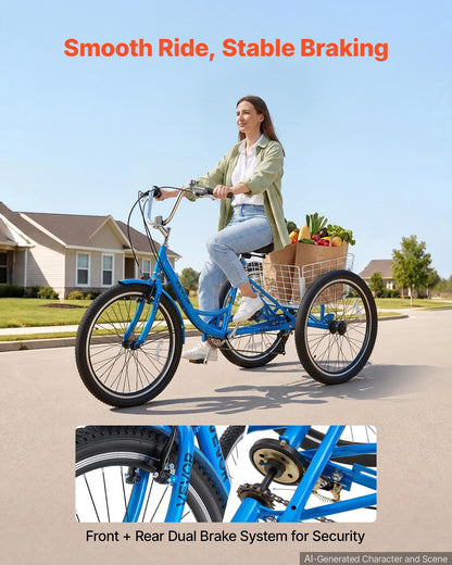 VEVOR Adult Tricycle 26 inch Trike for Adult 3 Wheel Cruiser Bike, with Cargo Basket, Adjustable Seat, and Double-Wall Wheel Rims, Carbon Steel Shopping Picnic Tricycles for Women, Men, Seniors - CRSLCZXC26C106XPP001V0 - view 3