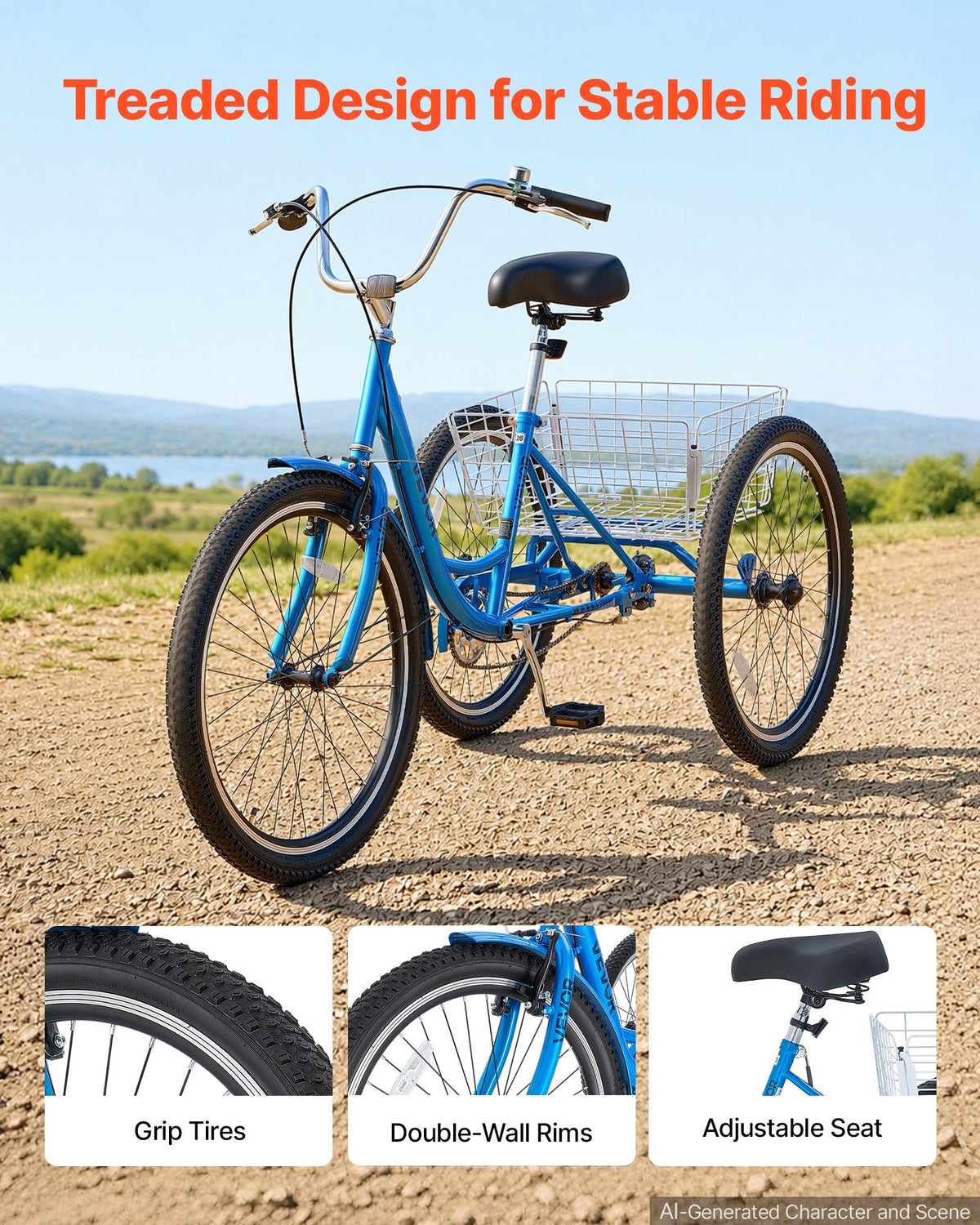 VEVOR Adult Tricycle 26 inch Trike for Adult 3 Wheel Cruiser Bike, with Cargo Basket, Adjustable Seat, and Double-Wall Wheel Rims, Carbon Steel Shopping Picnic Tricycles for Women, Men, Seniors - CRSLCZXC26C106XPP001V0 - view 4