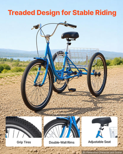 VEVOR Adult Tricycle 26 inch Trike for Adult 3 Wheel Cruiser Bike, with Cargo Basket, Adjustable Seat, and Double-Wall Wheel Rims, Carbon Steel Shopping Picnic Tricycles for Women, Men, Seniors - CRSLCZXC26C106XPP001V0 - view 4