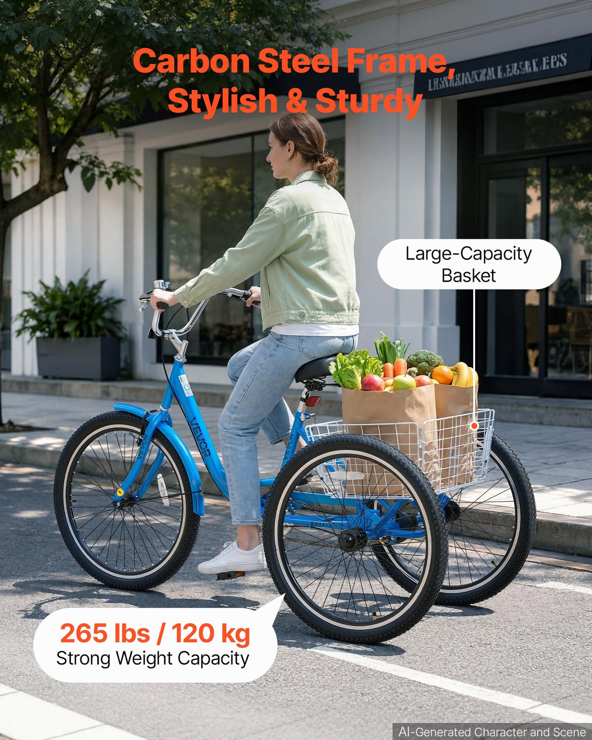 VEVOR Adult Tricycle 26 inch Trike for Adult 3 Wheel Cruiser Bike, with Cargo Basket, Adjustable Seat, and Double-Wall Wheel Rims, Carbon Steel Shopping Picnic Tricycles for Women, Men, Seniors - CRSLCZXC26C106XPP001V0 - view 5