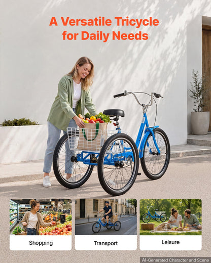 VEVOR Adult Tricycle 26 inch Trike for Adult 3 Wheel Cruiser Bike, with Cargo Basket, Adjustable Seat, and Double-Wall Wheel Rims, Carbon Steel Shopping Picnic Tricycles for Women, Men, Seniors - CRSLCZXC26C106XPP001V0 - view 6